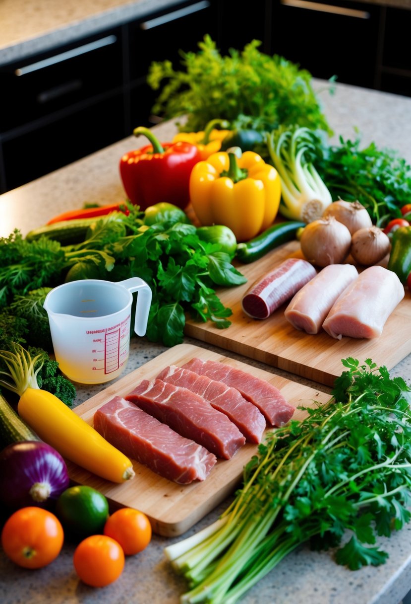 A variety of colorful vegetables, lean meats, and fresh herbs spread out on a kitchen counter. A measuring cup and cutting board are nearby